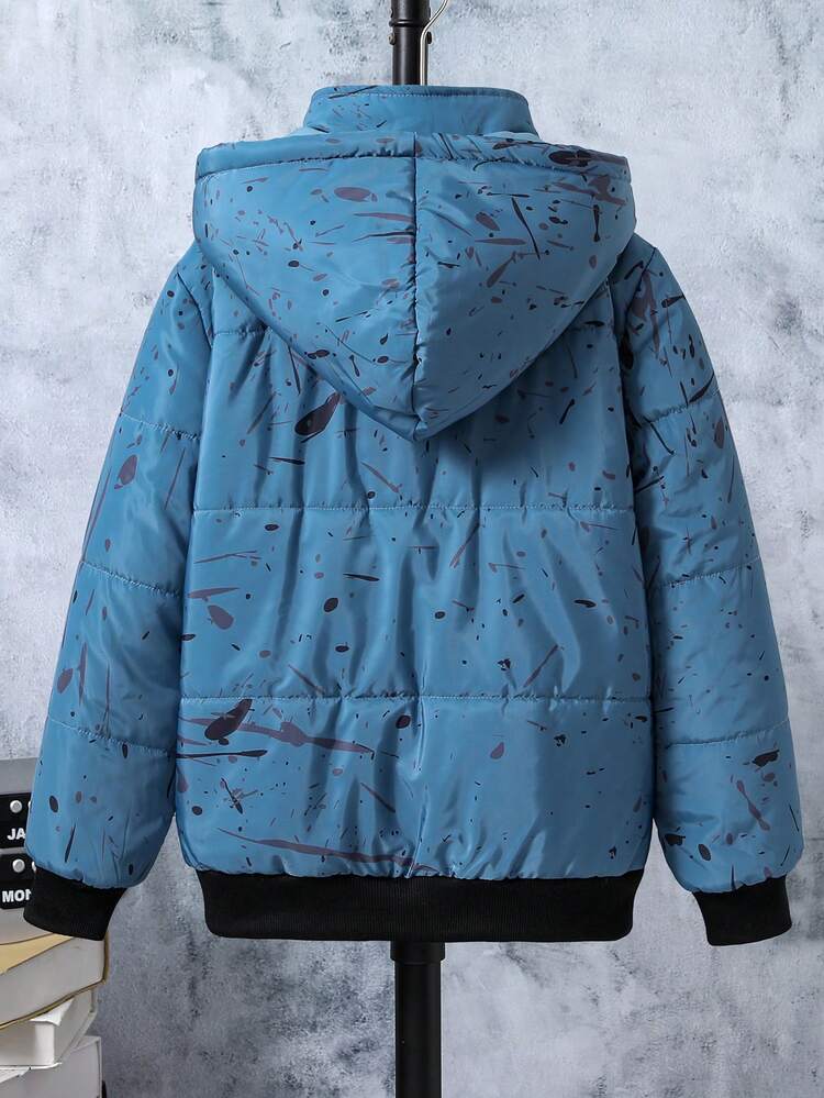 Tween Boy Marble Print Hooded Padded Coat Without Sweater