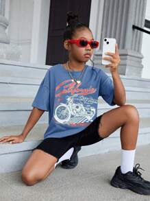 SHEIN Tween Girl Motorcycle & Letter Graphic Drop Shoulder Tee - Dusty Blue - View 1