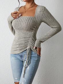 SHEIN LUNE Square Neck Drawstring Side Tee - Grey - View 6