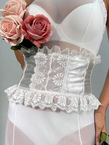 後背繫帶荷葉邊緞面塑身上衣 - 白色 - 查看 2