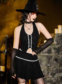 ROMWE PUNK Solid Halter Top & Pleated Skirt - Black - View 4