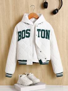 SHEIN Tween Girl Letter Patched Striped Trim Quilted Varsity Jacket - White - View 6