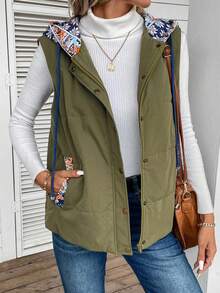 SHEIN LUNE Geo Print Drawstring Hooded Vest Padded Coat - Green - View 5