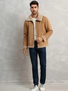 休閒拼接領 口袋 拉鍊撞色 純色男士外套 - 駝色 - 查看 4