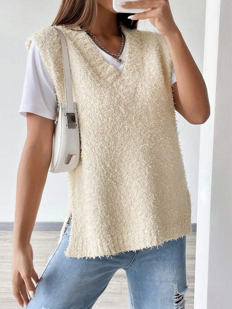 Solid Slit Hem Sweater Vest Without Tee