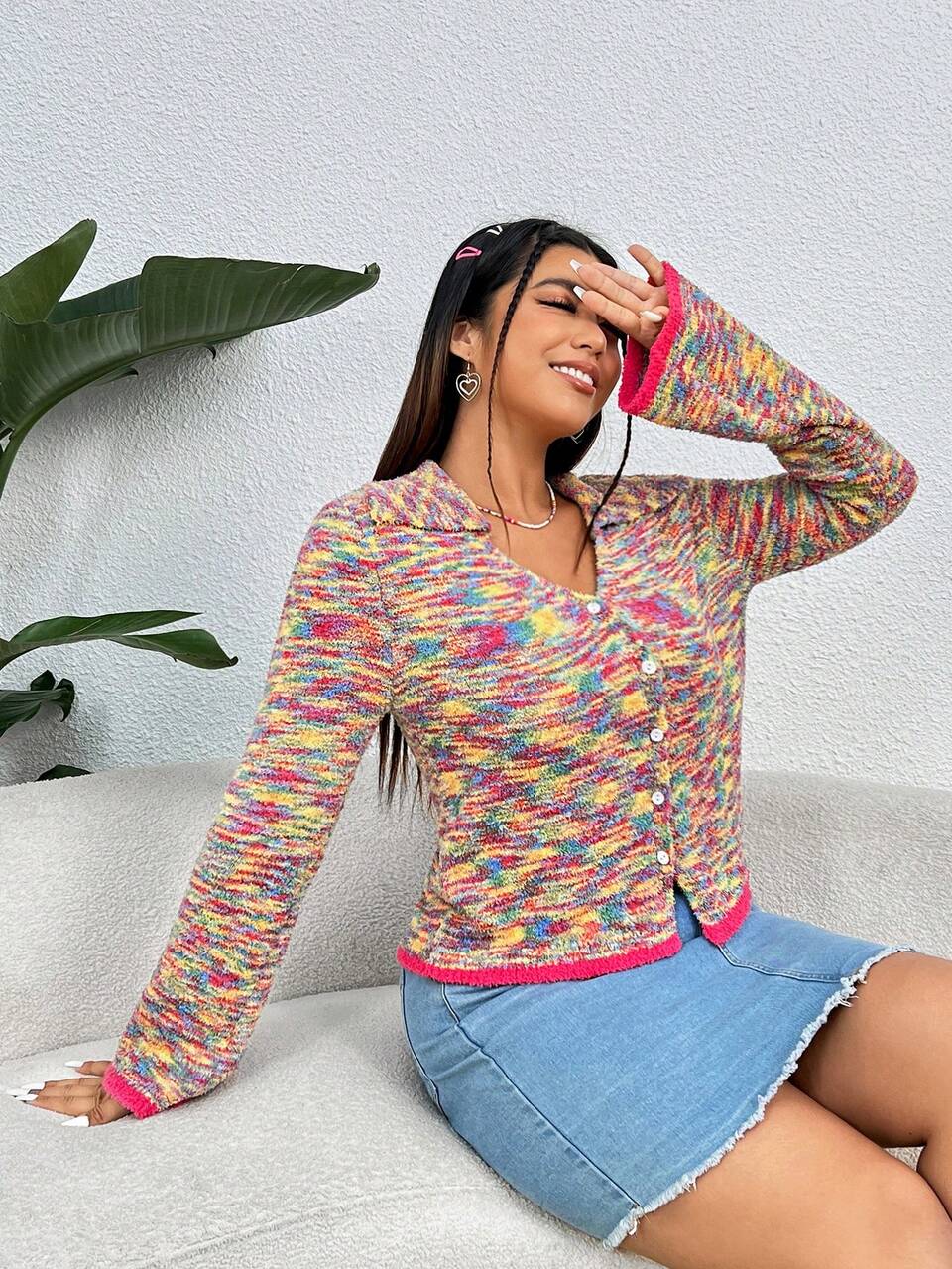 Plus Space Dye Contrast Binding Button Front Cardigan