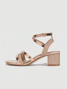 女士新款夏季法式绑带时尚舒适露趾粗跟凉鞋 - 香檳色 - 查看 3