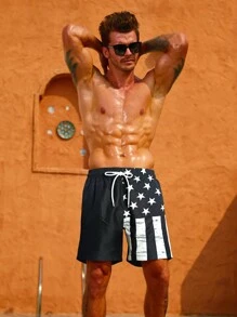 Manfinity KASUA Men Star Print Drawstring Waist Swim Trunks - Black - View 4