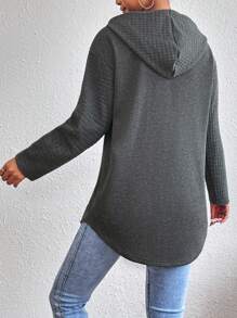 SHEIN Essnce Drop Shoulder Curved Hem Drawstring Hoodie - Dark Grey - View 2