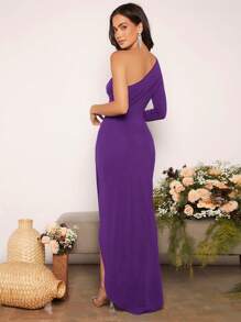 SHEIN Belle 单肩褶饰裹身伴娘礼服优雅长袖正式晚会舞会婚礼宾客礼服，适合毕业典礼、晚宴、派对礼服 - 紫色 - 查看 2