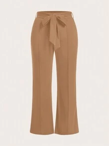 SHEIN Clasi Plus Solid Belted Flare Leg Pants - Khaki - View 1