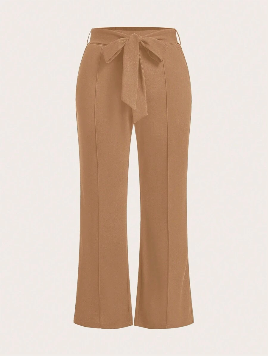 SHEIN Clasi Plus Solid Belted Flare Leg Pants - Khaki - View 1