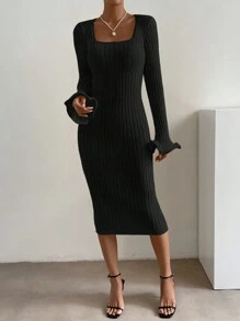 Chiquease Square Neck Flounce Sleeve Sweater Dress Fall Cloth For Women - Black - View 3