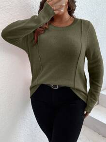 SHEIN LUNE 大碼接縫細節套頭毛衣 - 墨綠色 - 查看 6