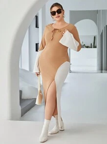 SHEIN Essnce 大碼撞色前繫帶高衩洋裝 - 卡其色 - 查看 4