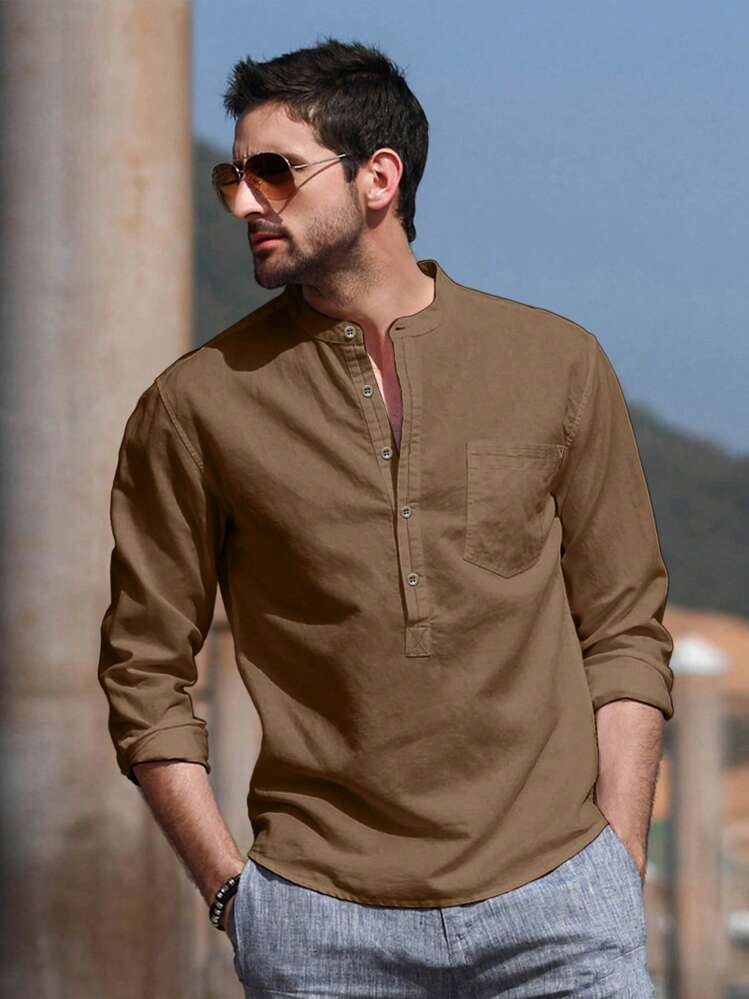 NITAGUT Men's Casual Simple Breathable Long Sleeve Shirt - Mocha Brown - View 1