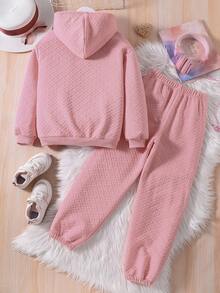 SHEIN Cô gái Tween Chi tiết Patched thư Áo Hoodie & Quần - Hồng - Xem 2
