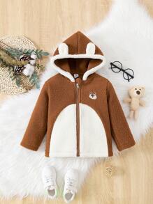 Baby Girl Two Tone 3D Ear Design Hooded Fleece Coat - Multicolor - View 1