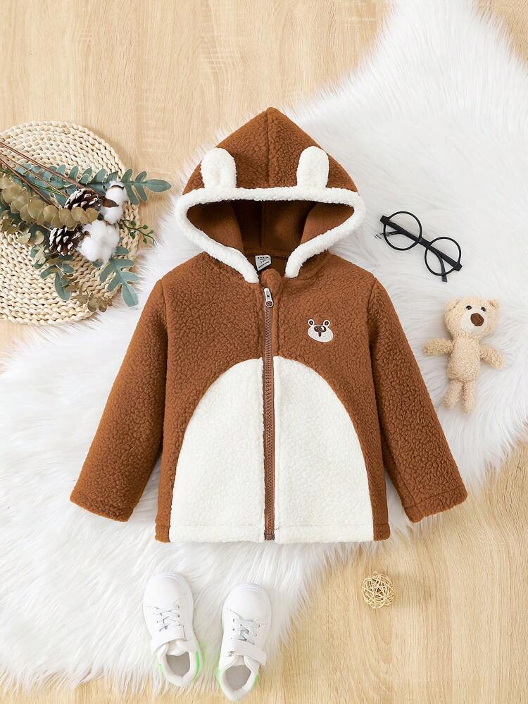 Baby Girl Two Tone 3D Ear Design Hooded Fleece Coat