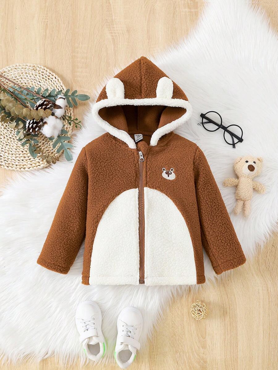 Baby Girl Two Tone 3D Ear Design Hooded Fleece Coat - Multicolor - View 1
