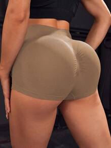 Easithlete 无缝褶皱臀部宽带腰部褶皱后背运动短裤紧身短裤女士运动短裤、健身短裤、骑行短裤 - 卡其色 - 查看 1
