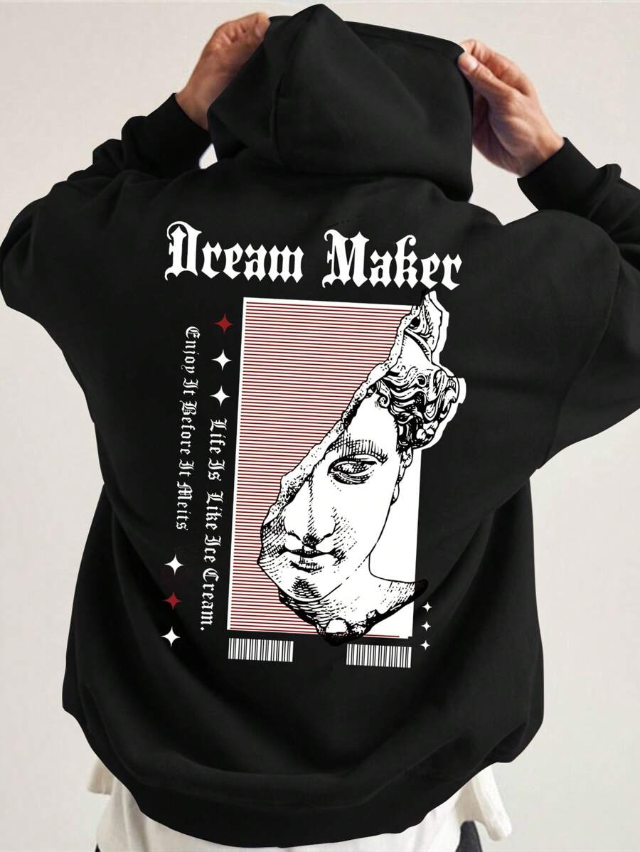 Manfinity Roghcode 男士標語和人物圖案袋鼠口袋抽繩連帽衫 - 黑色 - 查看 1