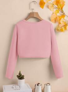 SHEIN Tween Girl Solid Color Casual Shortened Long Sleeve Jacket With Lapel Collar, Suitable For Spring And Autumn - Baby Pink - View 3