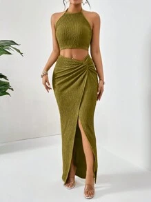 SHEIN Privé 素色繞頸短上衣&前扭結高衩半身裙 - 軍綠色 - 查看 4