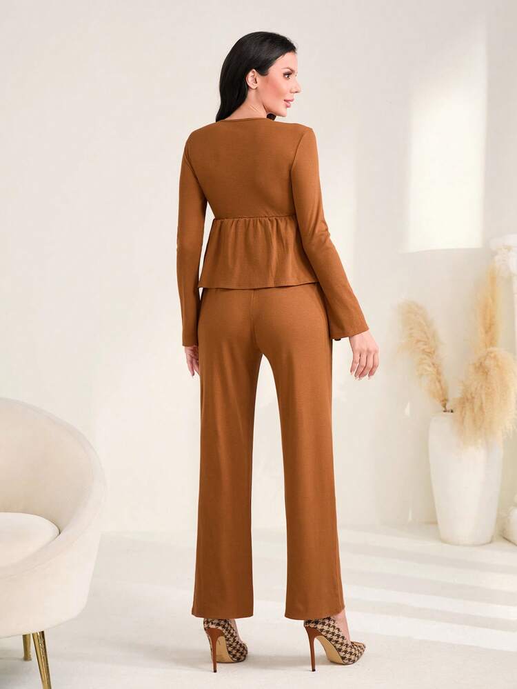 Square Neck Peplum Top & Pants Without Belt 2 Piece Set Fall Cloth For Women