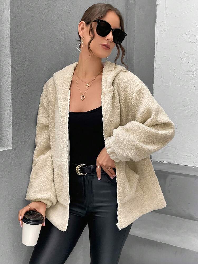 Drop Shoulder Hooded Teddy Coat