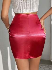 RueChic Drawstring Front Satin Bodycon Skirt - Pink - View 2