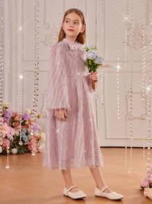 SHEIN Tween Girl Bow Front Lantern Sleeve Fuzzy Dress - Pink - View 5