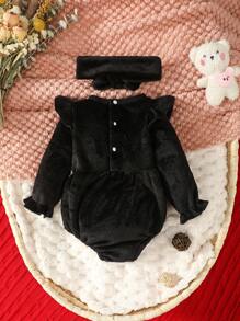 Baby Girl Contrast Lace Ruffle Trim Flounce Sleeve Bodysuit & Headband - Multicolor - View 2