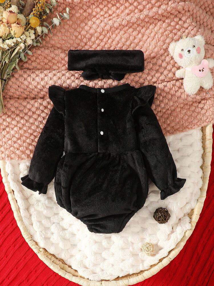 Baby Girl Contrast Lace Ruffle Trim Flounce Sleeve Bodysuit & Headband