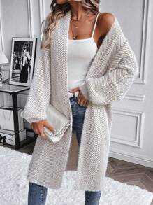 EMERY ROSE Fashionable Casual Versatile Loose Faux Fur Textured Cardigan Sweater For Women, Autumn/Winter - Khaki - View 3