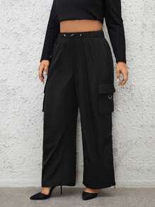 SHEIN Essnce Plus Drawstring Hem Flap Pocket Side Cargo Pants