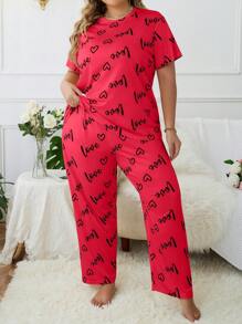 Plus Size Women Heart & Letter Graphic Top & Pants Pajama Set - Hot Pink - View 4