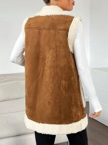 SHEIN EZwear Áo khoác vest lót gấu Teddy hai túi cho mùa thu/đông - màu nâu - Xem 4