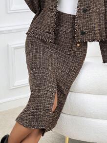 SHEIN Privé 高腰格紋雙排釦高衩半身裙 - 彩色 - 查看 7