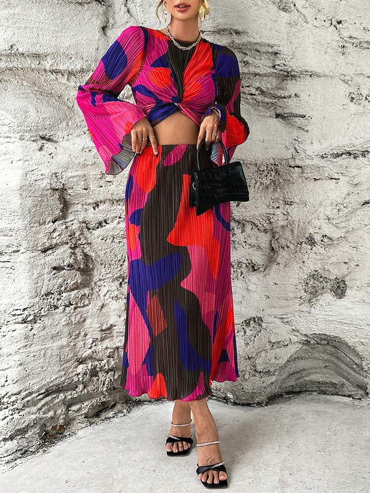 SHEIN Privé 撞色前扭結褶皺短款上衣&半身裙 - 彩色 - 查看 1