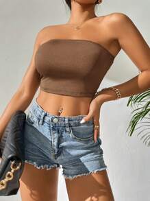 SHEIN PETITE Áo nữ màu trơn Giải trí - màu nâu - Xem 5
