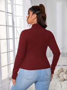 SHEIN PETITE CURVE 大码女式纯色高领长袖罗纹修身休闲 T 恤，秋季 - 酒紅色 - 查看 2