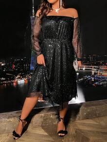 Plus Off Shoulder Lantern Sleeve Sequin Mesh Overlay Dress - Black - View 4
