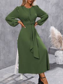 SHEIN Clasi Chất rắn Tay áo lồng đèn Váy có thắt lưng - xanh quân đội - Xem 7