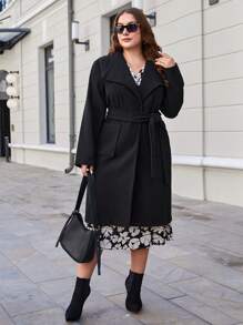 RueChic Plus Waterfall Collar Belted Coat - Black - View 1