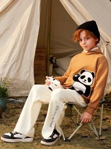 SHEIN Tween Boy Slogan Embroidery Split Hem Pants - Beige - View 7