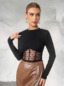 SHEIN Privé Lưới Dobby tương phản Đồ đan Ribbed Áo thun - Màu Khaki - Xem 4