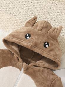 Tween Boy Colorblock 3D Ear Design Hooded Flannel Sleep Jumpsuit - Khaki - View 3