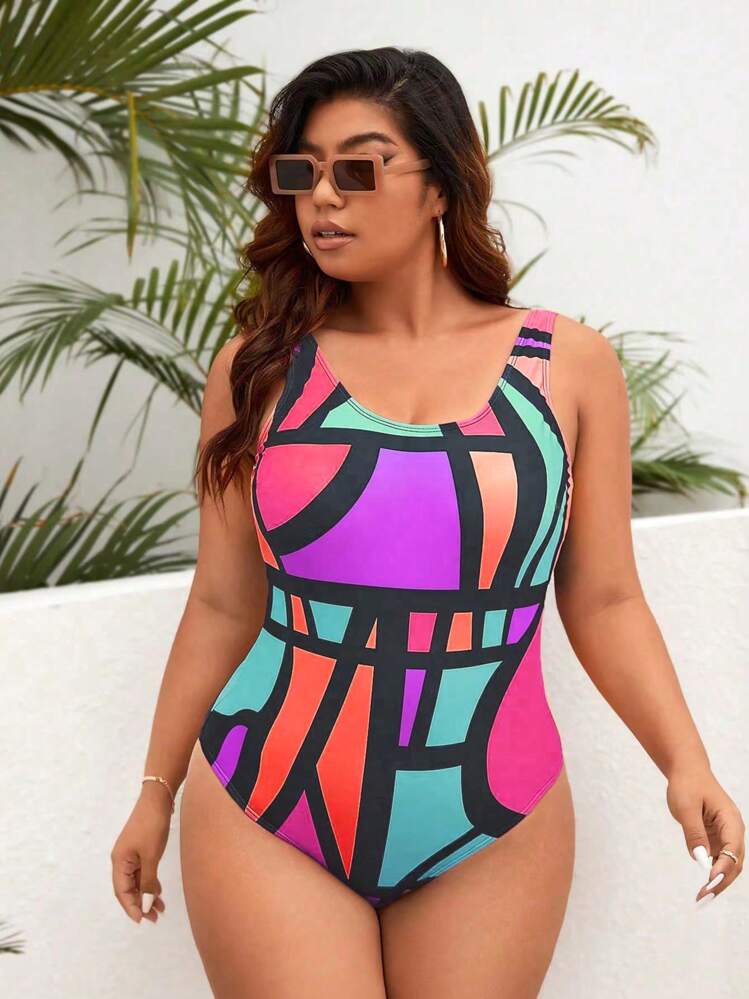 SHEIN Swim Curve 撞色大碼一件式泳衣 - 彩色 - 查看 5
