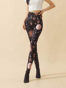 Inked in Red 太陽和月亮圖案時尚緊身褲